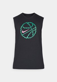Maillot noir sans manches Nike avec un graphique pixelisé de basket-ball en vert et rose centré sur le devant. Texture douce et lisse.