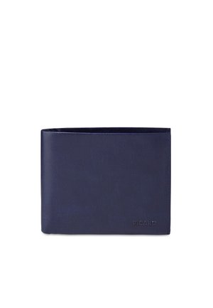 Navy blue leather bifold wallet with subtle embossed brand name on bottom right corner, closed and displayed on white background.