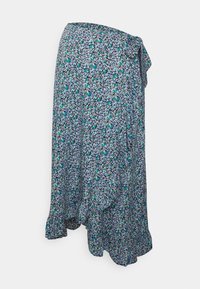 Květová maxi sukně z lehkého materiálu, s modrým pozadím a malými barevnými květinami, zakončená volánkem.