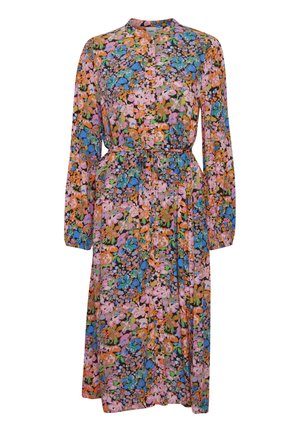 Langärmliges Blumenkleid mit einer Mischung aus pinken, blauen und orangefarbenen Tönen, einer taillierten Taille und einer durchgehenden Knopfleiste. Leichtes Material.