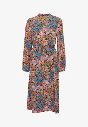 Pika pikkade varrukatega lilleline kleit, millel on segu roosa, sinise ja oranži tooni, vöödiga ja nööpidega ees. Kerge kangas.