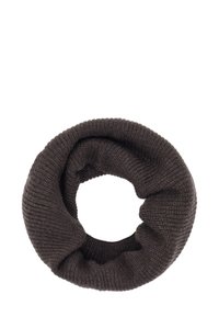 Tumši brūns adīts bezgalības šalle, ar ribotu tekstūru un apļu dizainu, kas izskatās mīksta un ērta.