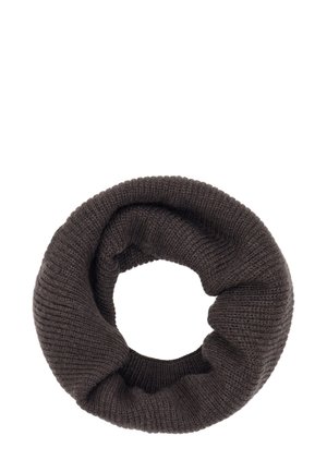 Mørkebrunt strikket infinity-sjal med ribbet tekstur og cirkulært design, der har et blødt og hyggeligt udseende.