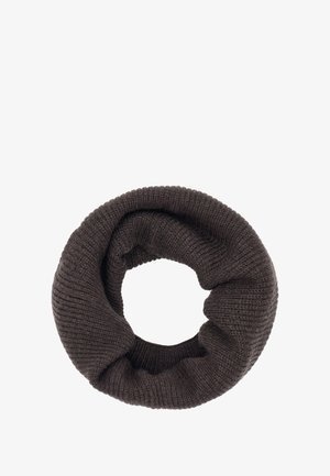 Scarf infinito lavorato a maglia di colore marrone scuro, con una texture a coste e un design circolare dall'aspetto morbido e accogliente.