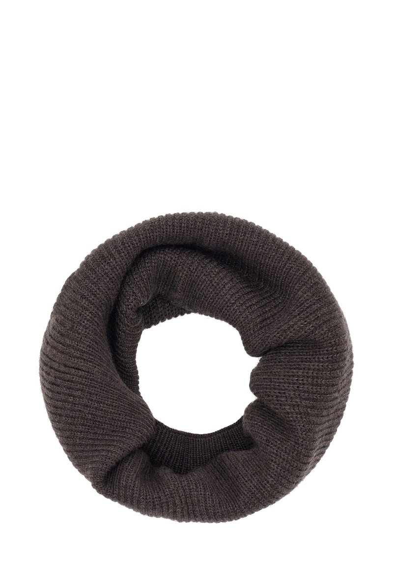 Tumši brūns adīts bezgalības šalle, ar ribotu tekstūru un apļu dizainu, kas izskatās mīksta un ērta.