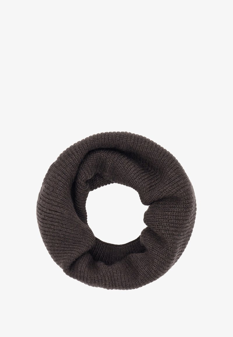 Tumši brūns adīts bezgalības šalle, ar ribotu tekstūru un apļu dizainu, kas izskatās mīksta un ērta.