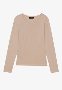 Long-sleeve beige top made of soft fabric, featuring a rounded neckline and hemmed cuffs. Simple design with no patterns or accents.