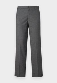 Pantaloni grigi su misura con una texture liscia, forma a gamba dritta e pieghe frontali. Presentano una chiusura con bottone e cerniera, e passanti per cintura.