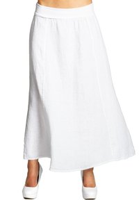 Weißer Leinen-Maxi-Rock mit breitem elastischem Bund, der eine fließende Silhouette und eine subtile Struktur aufweist. Betont die sanften Linien.