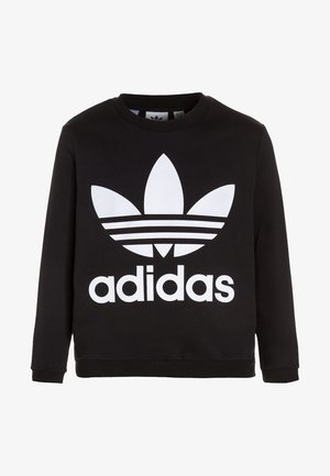 Sudadera negra de manga larga con gran logo trefoil blanco de Adidas y el texto "adidas" centrado en la parte frontal.