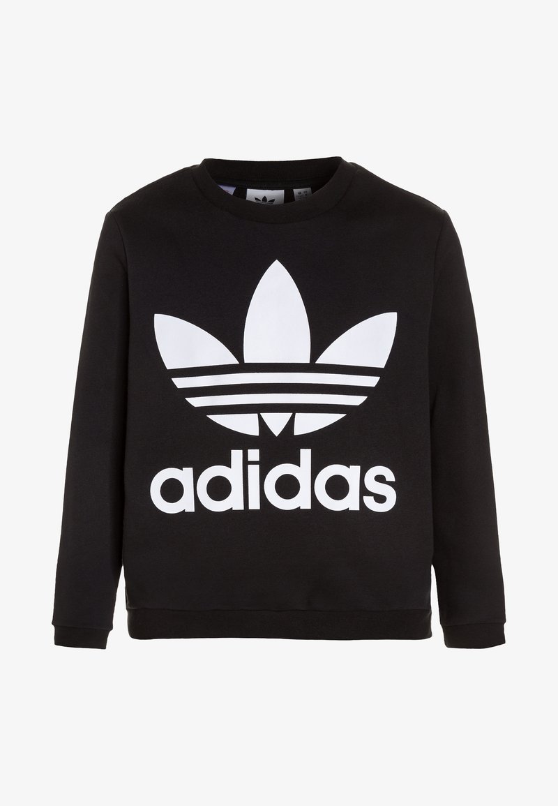 Černá mikina s dlouhým rukávem a velkým bílým logem Adidas trefoil s textem "adidas" umístěným na přední straně.