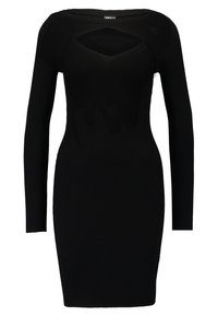 Robe noire à manches longues côtelées avec une silhouette ajustée, présentant un design découpé au niveau du col et un tissu texturé sur l'ensemble.