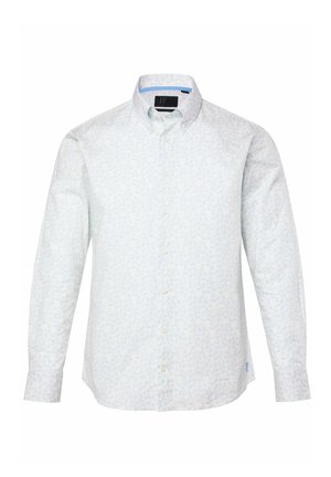 Lyseblå langærmet skjorte med et diskret bladmotiv, knaplukning og en standardkrave med kontrastfarvet indvendig halsudskæring.