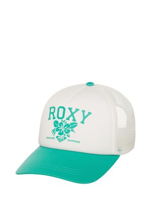 Hvid trucker-kasket med turkis skygge, med teksten "ROXY", blomstermotiv og teksten "ENDLESS SUMMER" under i turkis print.