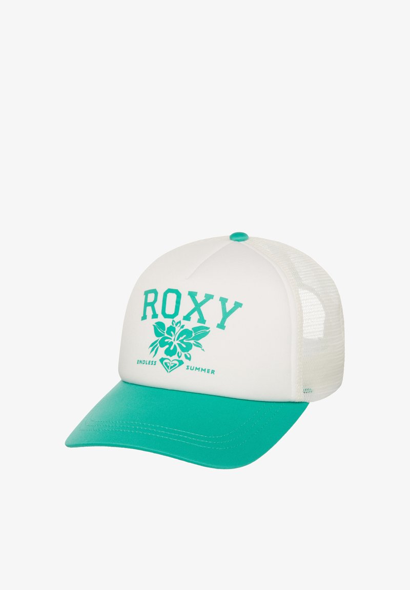 Gorra de camionero blanca con una visera turquesa, con el texto "ROXY", un diseño floral y la inscripción "ENDLESS SUMMER" en impresión turquesa debajo.