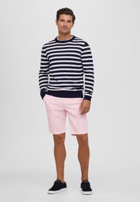 Navy en witte gestreepte trui met ribgebreide manchetten, gecombineerd met lichtroze shorts en donkere sneakers. Model staat met handen in de zakken.
