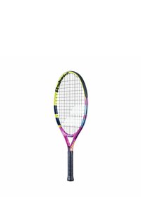 Racchetta da tennis con un telaio rosa e giallo, impugnatura nera e un motivo a rete. Leggera, con una testa arrotondata e un manico allungato.