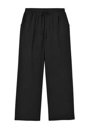Pantalon noir à jambes larges avec taille élastique et cordon de serrage, doté de poches latérales et d'une coupe décontractée.