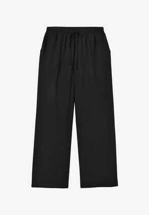 Pantalon noir à jambes larges avec taille élastique et cordon de serrage, doté de poches latérales et d'une coupe décontractée.