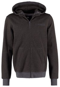 Felpa con zip grigia scura, con cappuccio, tasche a marsupio, polsini a coste e una finitura testurizzata. Presenta un piccolo logo sul petto.