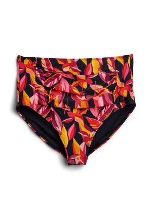 Bas de bikini taille haute en noir avec un motif floral coloré présentant des nuances de rose, d'orange et de jaune. Détails de design froncé.