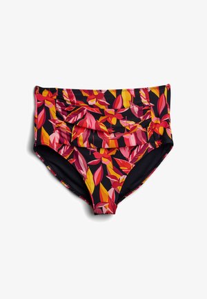 Mustat korkeavyötäröiset bikinit, joissa on värikäs kukkakuosi, joka sisältää sävyjä vaaleanpunaisesta, oranssista ja keltaisesta. Ryppyinen muotoilu.