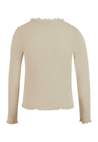 Bēša, ribota, garām piedurknēm apģērba augšdaļa ar salātu malām uz kakla izgriezuma, aprocēm un apakšmalā, attēlota no aizmugures uz balta fona.