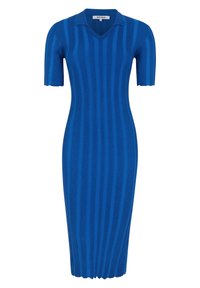 Abito lavorato a maglia blu con scollatura a V, maniche corte e motivo a coste verticali. Silhouette aderente con lunghezza midi.
