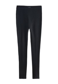 Svarta ribbade leggings med en slät midjeresår, figurnära design, full längd och utan synliga fästen eller utsmyckningar.