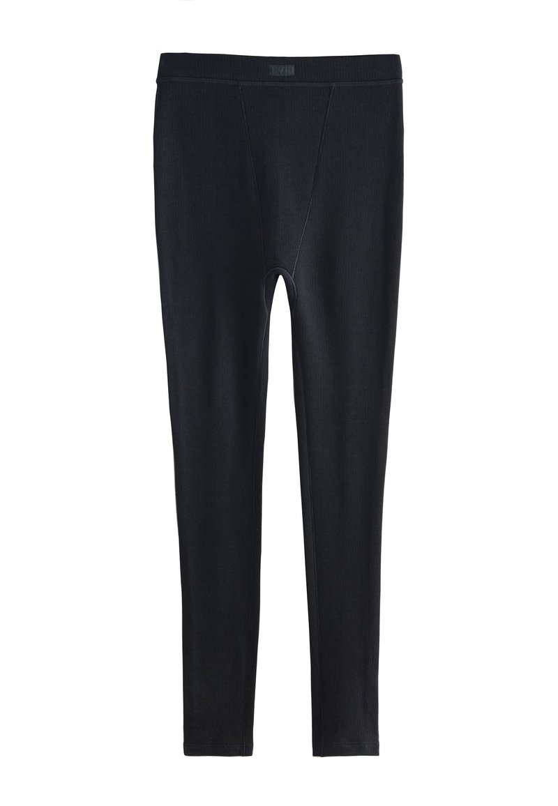 Svarta ribbade leggings med en slät midjeresår, figurnära design, full längd och utan synliga fästen eller utsmyckningar.