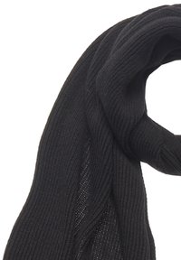 Black ribbed knit scarf with a long, soft texture, featuring a slightly sheer section and a twisted design at one end.