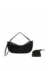 Borsa in pelle nera con design curvo, chiusura con zip e tracolla removibile. Presenta un etichetta sulla parte anteriore e una sottile maniglia per la spalla.