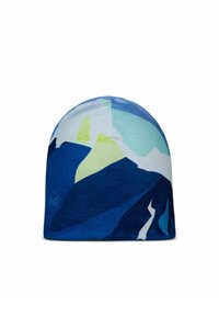 Multicolored beanie with abstract mountain pattern in blue, green, and white hues, made from soft, stretchy fabric with a logo feature.