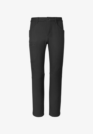 Czarne spodnie outdoorowe wykonane z elastycznego materiału, wyposażone w boczne kieszenie, zapinaną na zamek kieszeń na udzie oraz prosty krój nogawek.