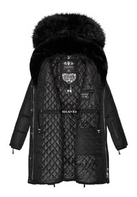 Black puffer jacket with a faux fur-lined hood, diamond quilted interior, two inner pockets, and "HEAVEN" label across the chest.