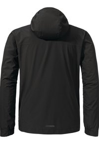 Schwarze wasserdichte Jacke mit Kapuze, langen Ärmeln und elastischen Bündchen. Glatte Textur und minimalistisches Design, ohne sichtbare Beschläge.