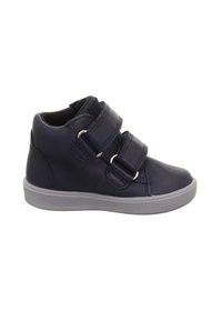 Scarpe alte in pelle blu navy con due fascette in velcro, suola in gomma grigia, punta tondeggiante e tomaia testurizzata per una maggiore durata.