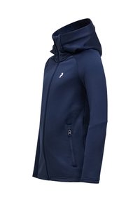 Felpa con zip di colore blu navy realizzata in tessuto morbido, con colletto alto e un logo decorativo. Include due tasche laterali con zip per riporre gli oggetti.