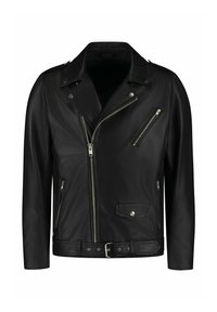 Giacca da moto in pelle nera con colletto largo, numerose tasche con zip e vita con cintura. Texture liscia con dettagli in metallo.