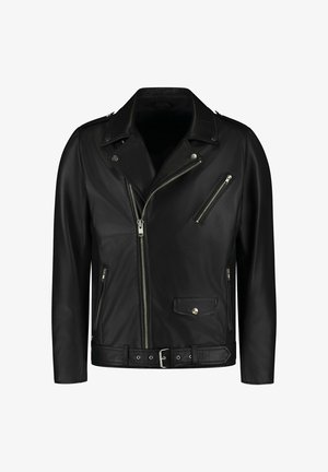 Sort læder bikerjakke med en bred krave, flere lynlåslommer og taljebælte. Glat tekstur med metalhardware accenter.