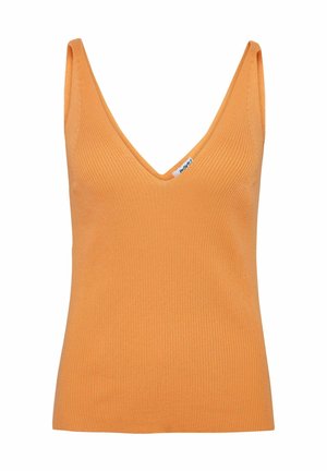 Oranssi, urheilullinen ribbipintainen hihaton paita, jossa on V-pääntie ja leveät olkaimet. Valmistettu kevyestä kankaasta, yksinkertainen malli ilman koristeita.