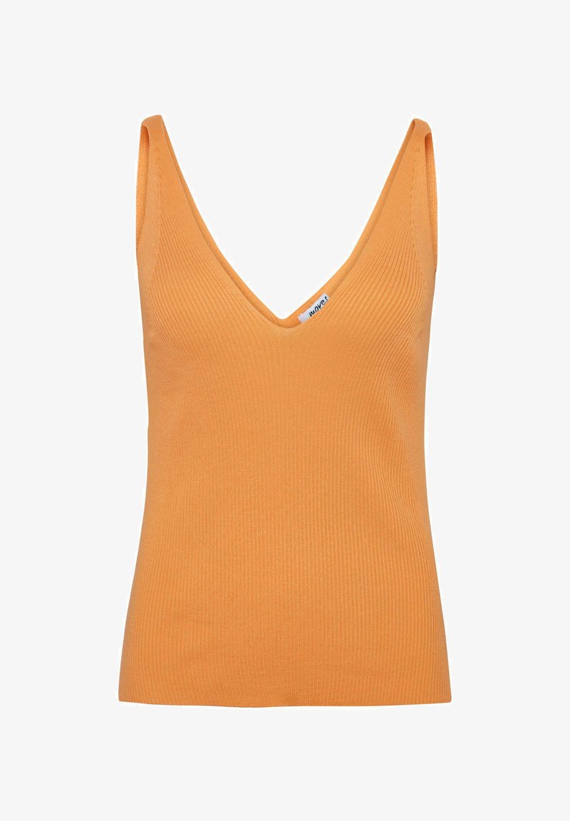 Débardeur orange côtelé avec un décolleté en V et de larges bretelles. Fabriqué à partir d'un tissu léger, il présente un design simple sans embellissements.