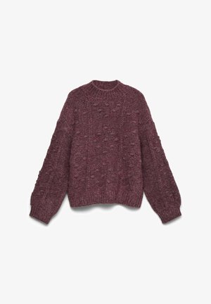 Bordový pletený svetre s okrúhlym výstrihom, dlhými balónovými rukávmi, textúrovaným vzorom boblíkov a rebrovanými manžetami a lemom.