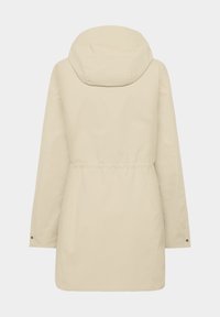 Veste à capuche beige avec un cinturón élastique, des manches longues et une texture lisse avec peu de matériel. Vue de dos présentée.