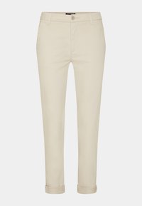 Pantalon beige à coupe droite, doté d'une fermeture par bouton, de passants pour ceinture et de revers roulés. Confectionné dans un tissu doux et résistant.