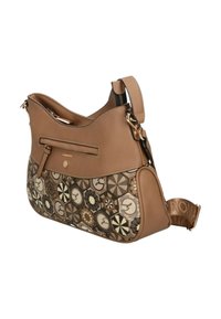 Borsa a tracolla in pelle marrone con sezione inferiore a motivo geometrico, dotata di cerniere, tasca frontale e tracolla con logo impresso.