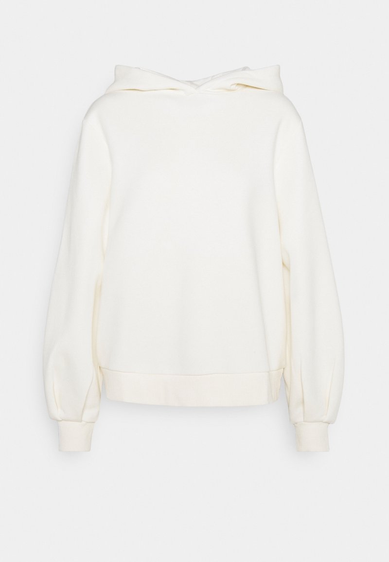 Světle krémová mikina s kapucí a dlouhými, mírně nabíranými rukávy, s ribbovaným lemem. Vyrobena z měkké, texturované látky. Jednoduchý design.
