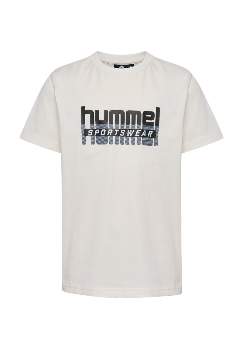 Witte katoenen t-shirt met korte mouwen en een ronde hals, voorzien van een opvallende zwart-blauwe "hummel SPORTSWEAR" grafiek over de borst.