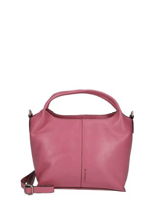 Roze leren handtas met een korte handgreep en afneembare schouderriem, met verticale stiksels en een kleine merknaam "Burkely" aan de voorkant.