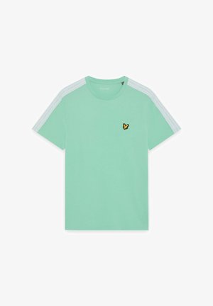 Mintgrøn kortærmet t-shirt med hvide striber på skuldrene og en lille gul fuglelogo på venstre bryst.